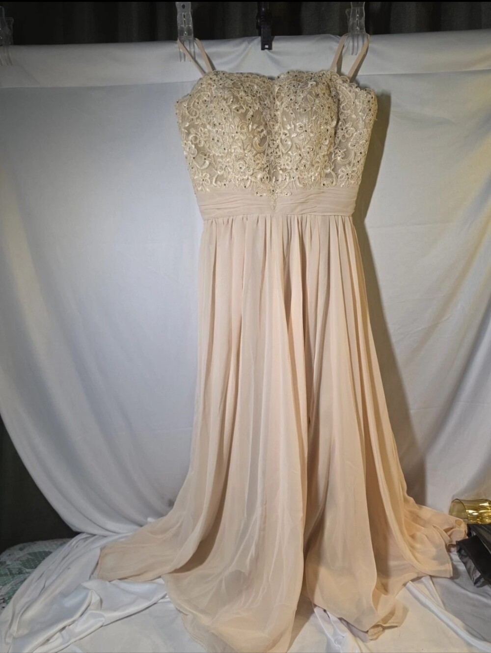 Dancing Queen 2789 Beaded Lace Chiffon Slit Prom Formal Gown Champagne Small